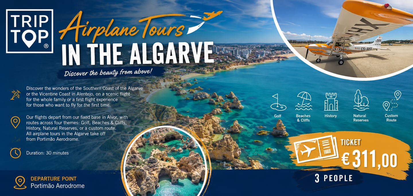 Scenic airplane tours in the Algarve showing a small plane over the coastal cliffs and turquoise ocean in Portugal.