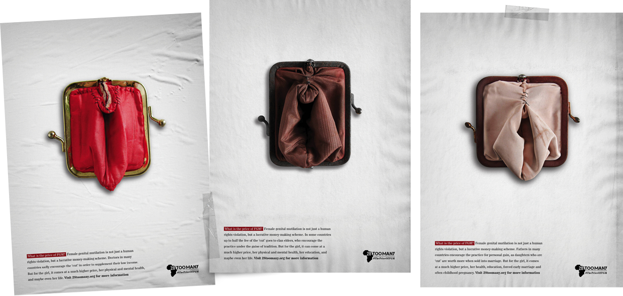 Drie posters van portemonnees in huidskleuren