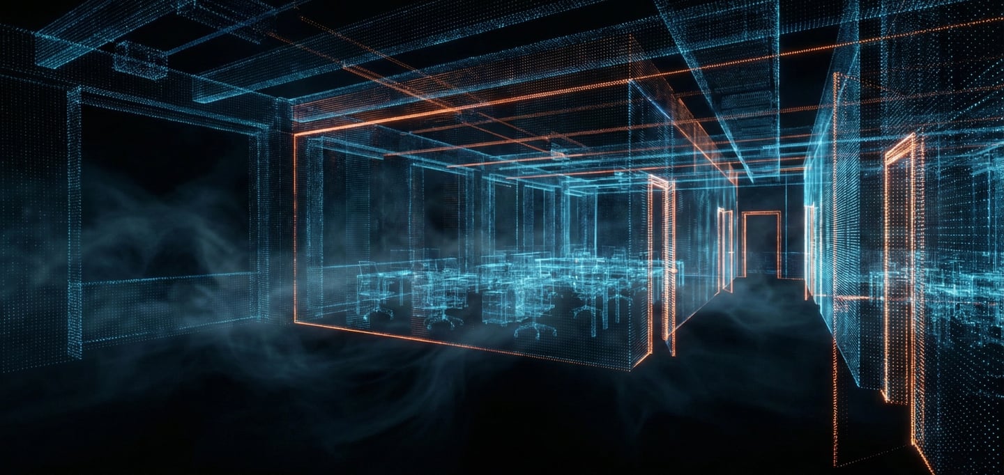 High-density 3D point cloud visualization of a building’s interior captured via mobile LiDAR scanning