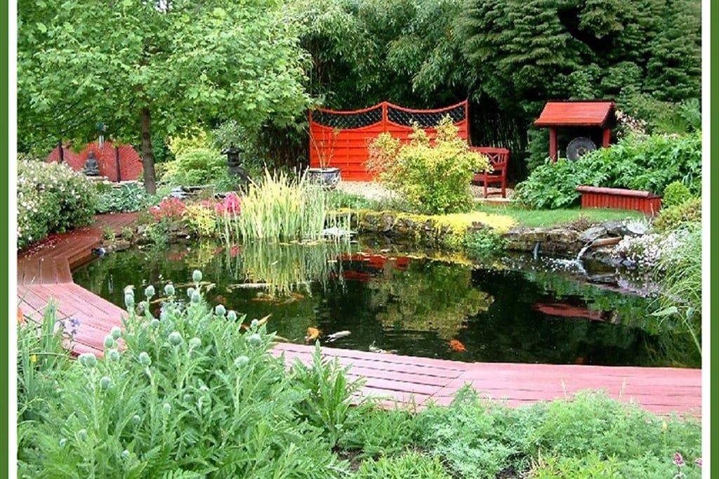 Bassin avec poissons entouré d'1 terrasse bois de bancs et de plantes multicolores