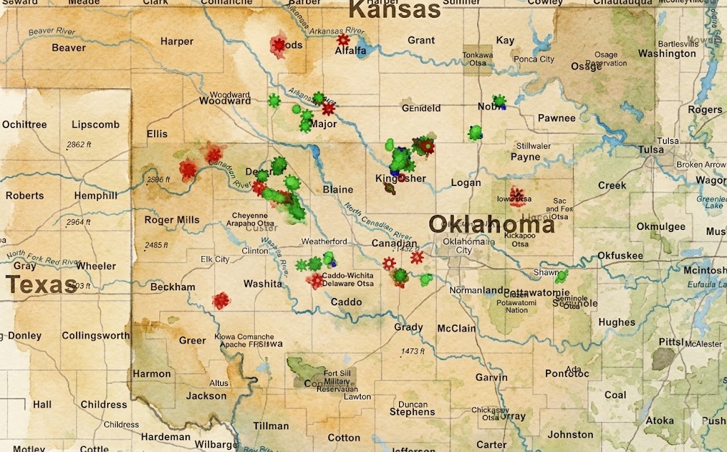Vintage-style map of Oklahoma showing counties and geographical features with colored data markers.