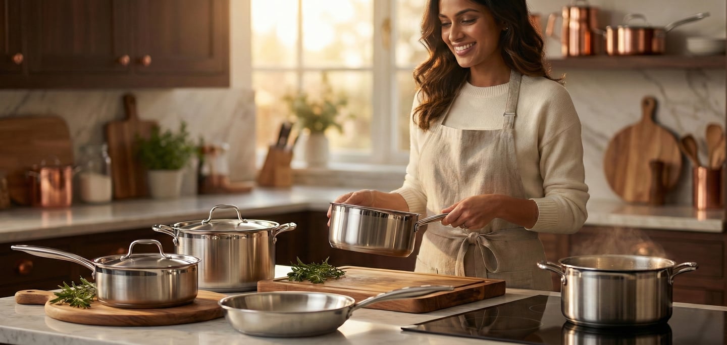 a woman in a white apron is smiling and holding a potted potted with