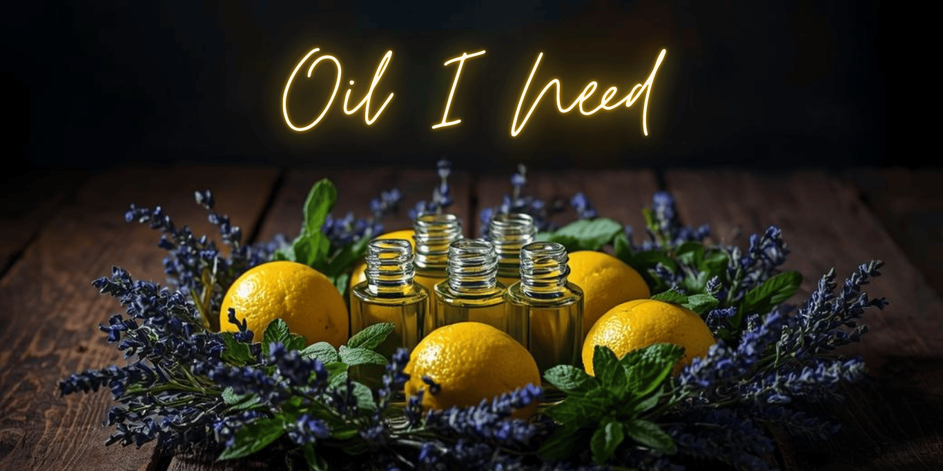 Oil I Need logo over a wreath of lemons, lavender, and peppermint sprigs with bottles in center