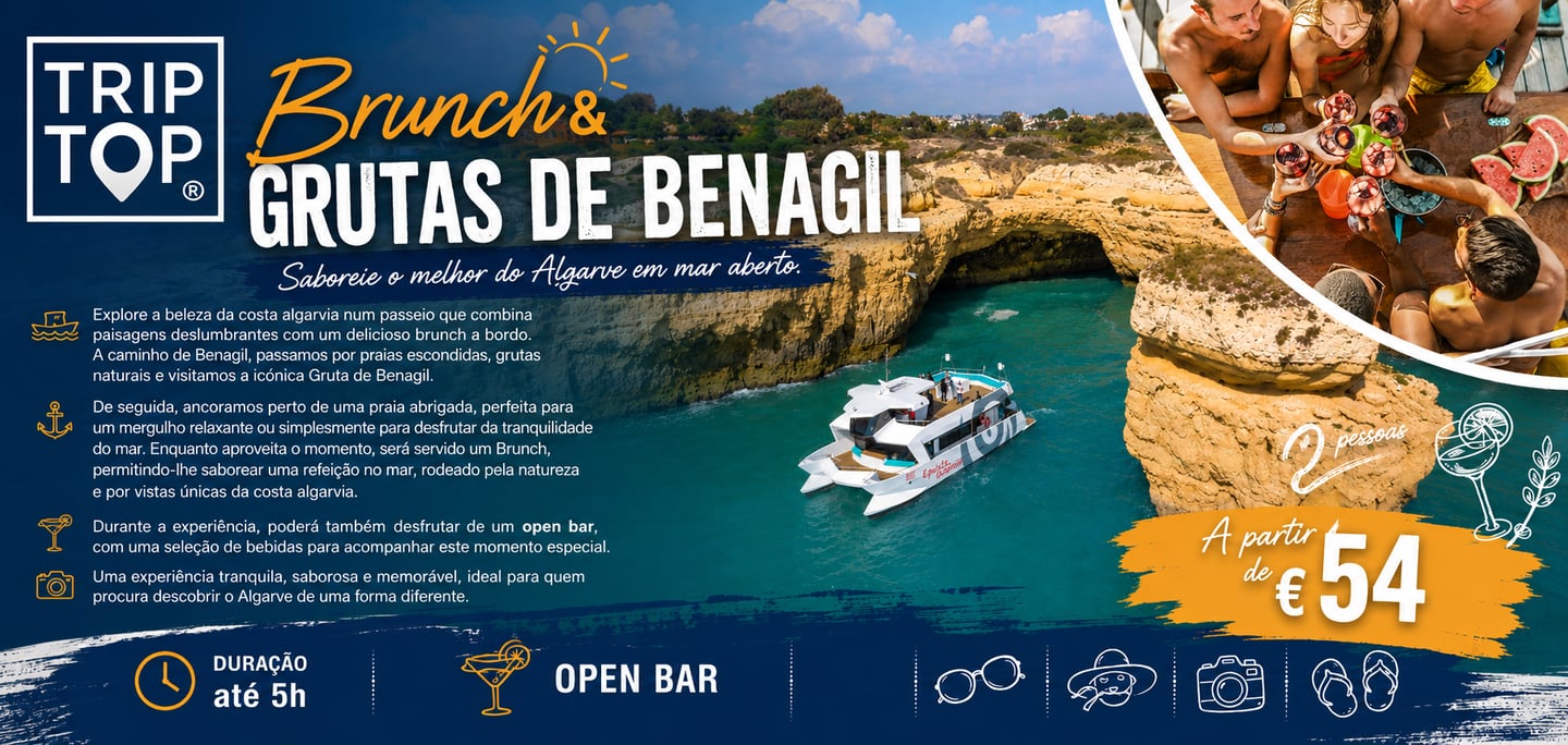 Trip Top boat tour offering brunch and open bar near Benagil Cave in Algarve, Portugal.