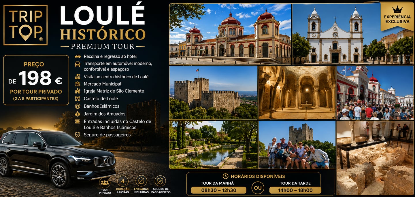 Promotional banner for a Loulé Histórico premium tour in Portugal featuring photos of the castle, market, and church.