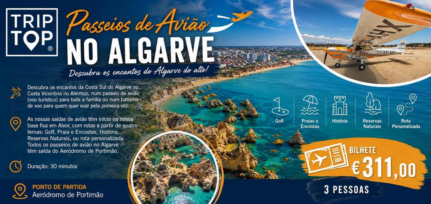 Aerial sightseeing airplane tours in Algarve over Portimão beaches and coastal cliffs for three people.