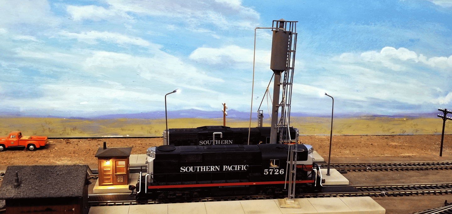 Southern Pacific Locomotives parked in the yard.