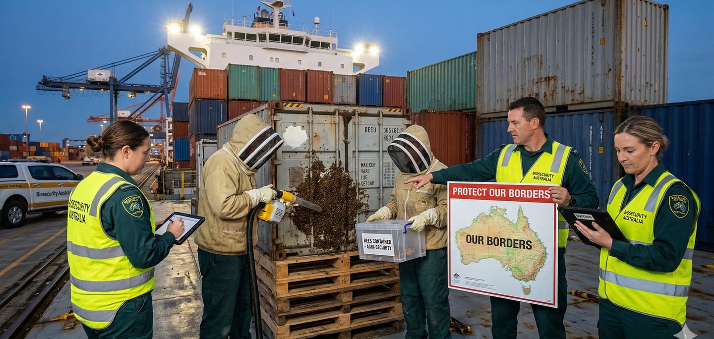 Biosecurity Australia officers inspect a swarm of bees on a shipping container at a port.