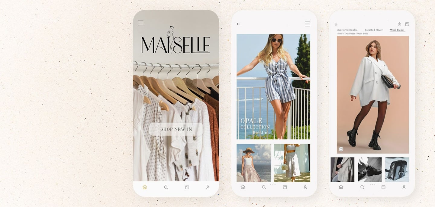 Mobile-first app UI for Maiselle, designed for seamless shoppingand luxury fashion by UrBrand Studio