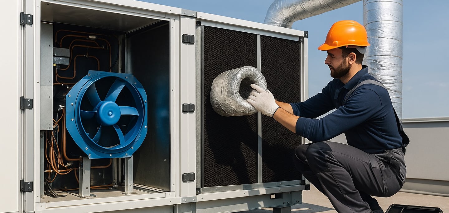 Installation de gaines de ventilation et raccordement d’un système VMC par un technicien qualifié.