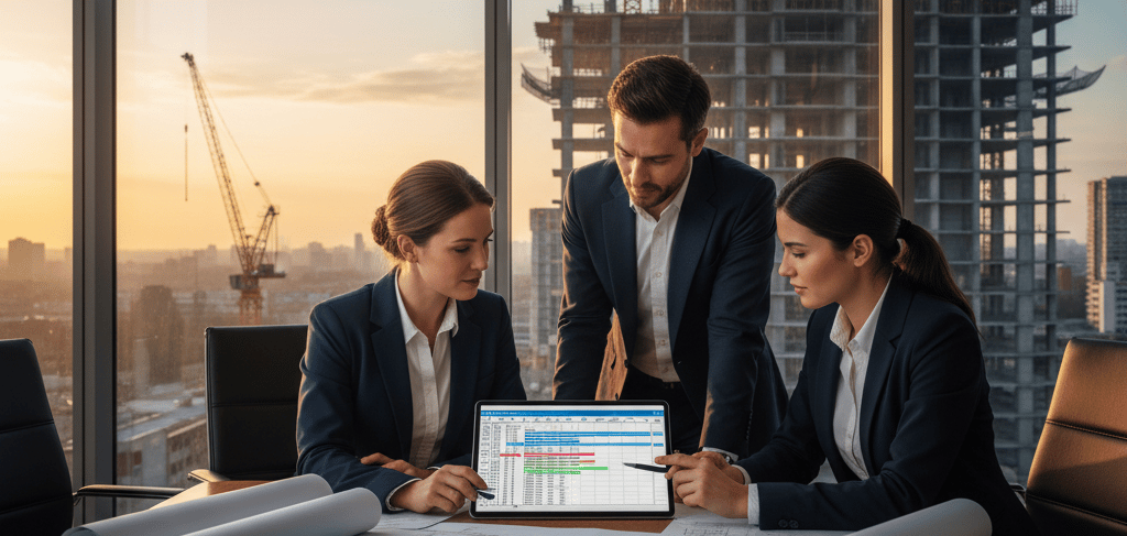 Creed Advisory – programme management and planning team with cranes outside window