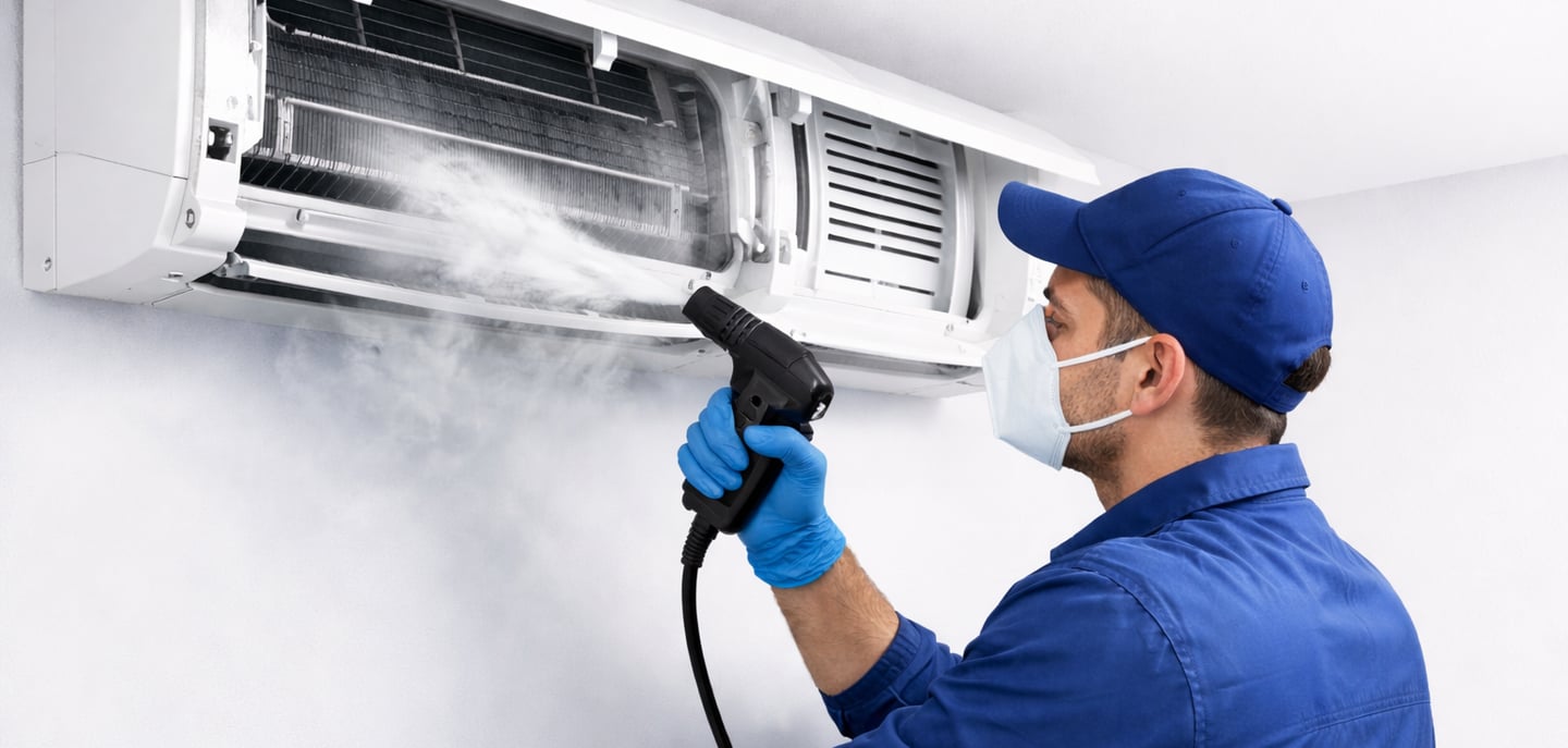 Nettoyage en profondeur d'une climatisation par technicien qualifié avec pulvérisation professionnel