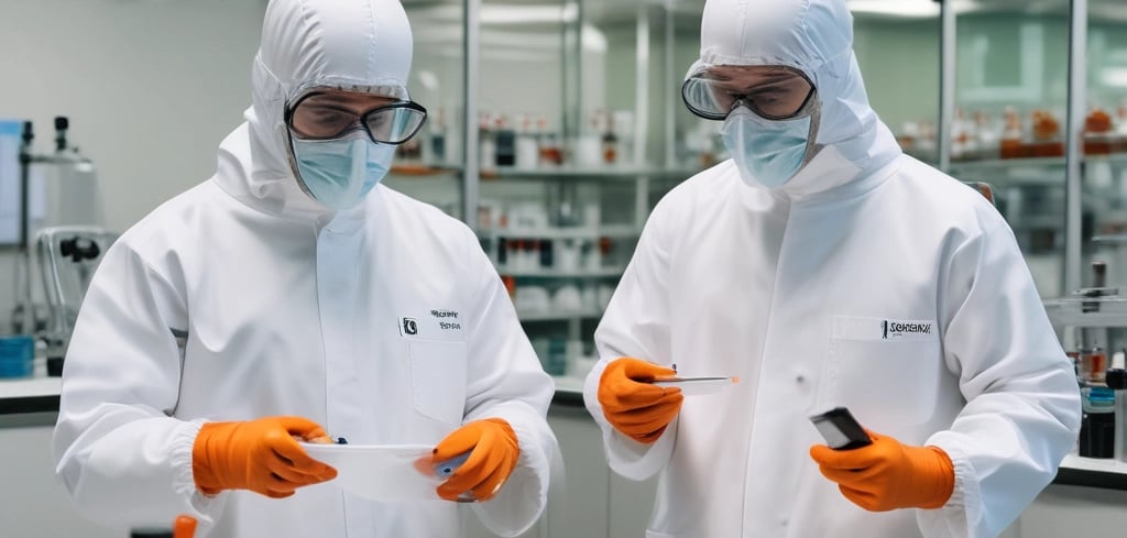 Two individuals are wearing blue protective suits, masks, and goggles in a sterile laboratory environment. One is holding a test tube with an orange cap, while the other holds a digital tablet displaying information. A tray with other test tubes is visible, indicating they are involved in some form of scientific or medical research.