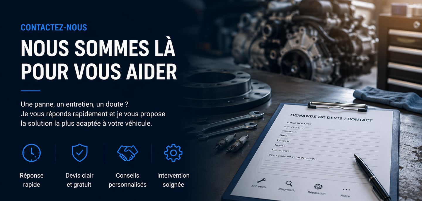 Auto repair contact form on a clipboard in a garage with an engine background.