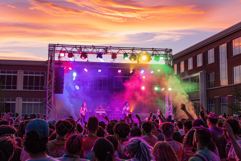 a crowd of people standing around a stage with a stage and a stage