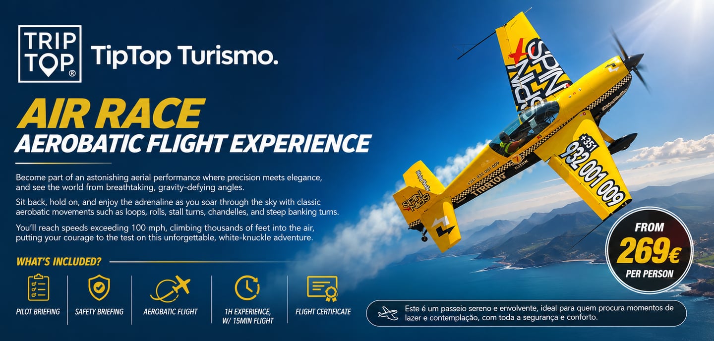 A bright yellow aerobatic stunt plane performing an air race flight experience over scenic mountains.