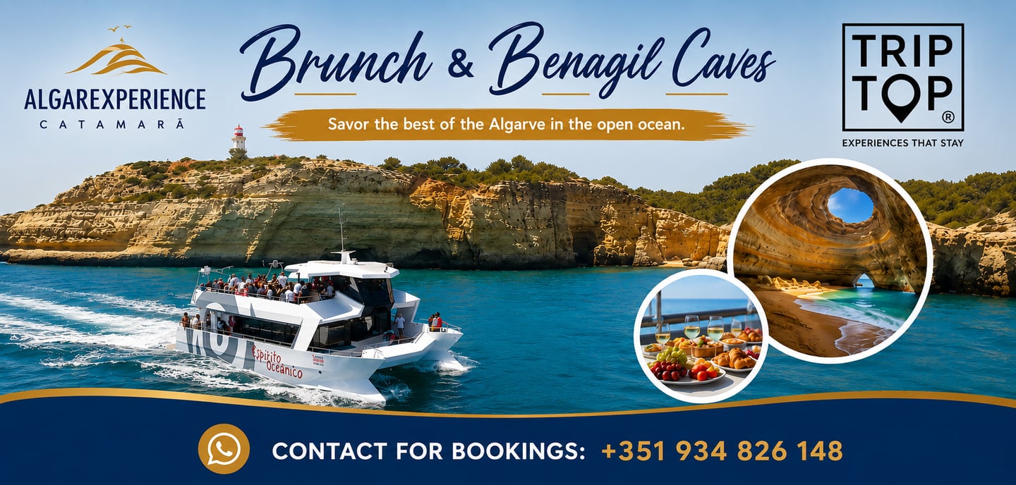 AlgarExperience catamaran boat tour for brunch and Benagil Caves excursions in the Algarve, Portugal.