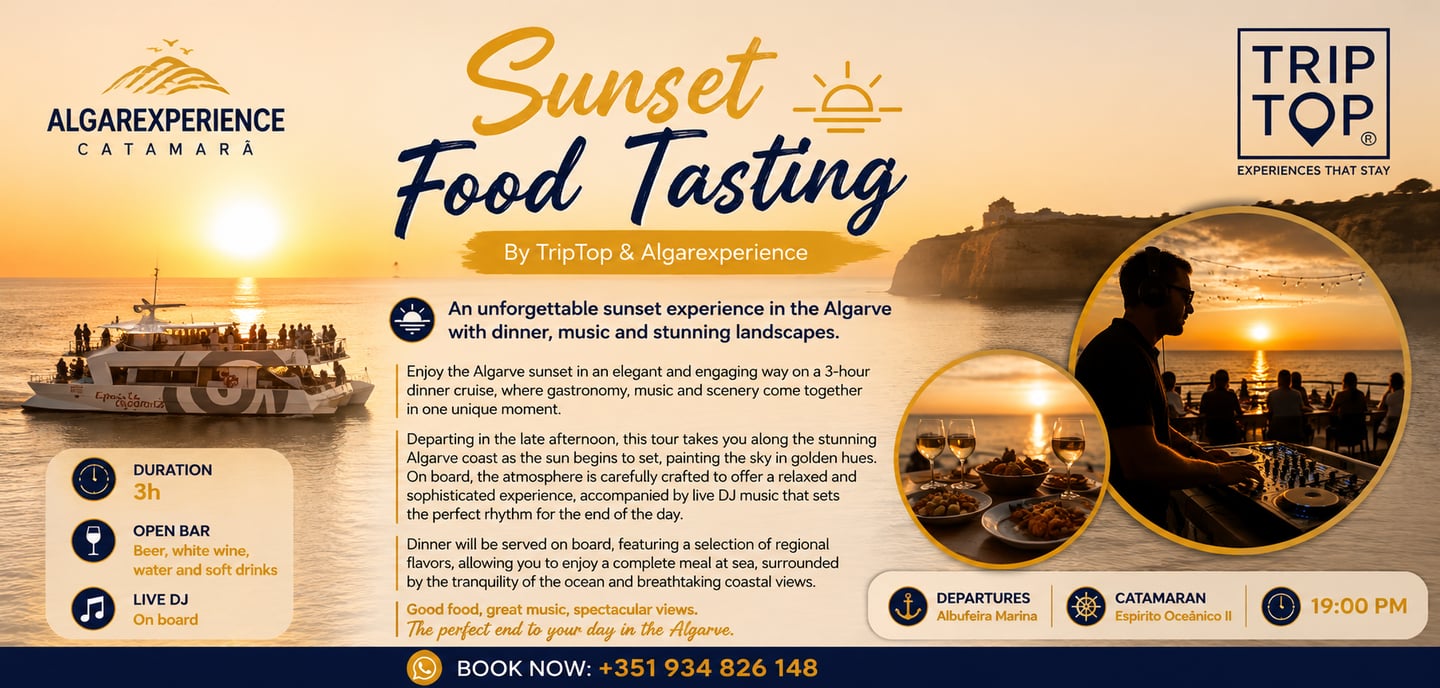 Sunset food tasting dinner cruise in Algarve with live DJ on a catamaran departing from Albufeira Marina.