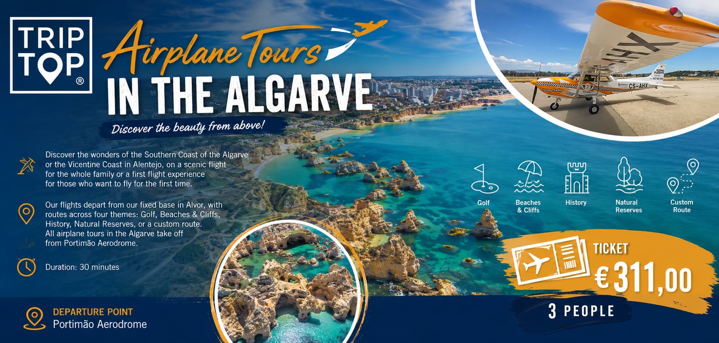 Scenic airplane tours over the Algarve coastline in Portugal featuring a light aircraft and aerial ocean views.