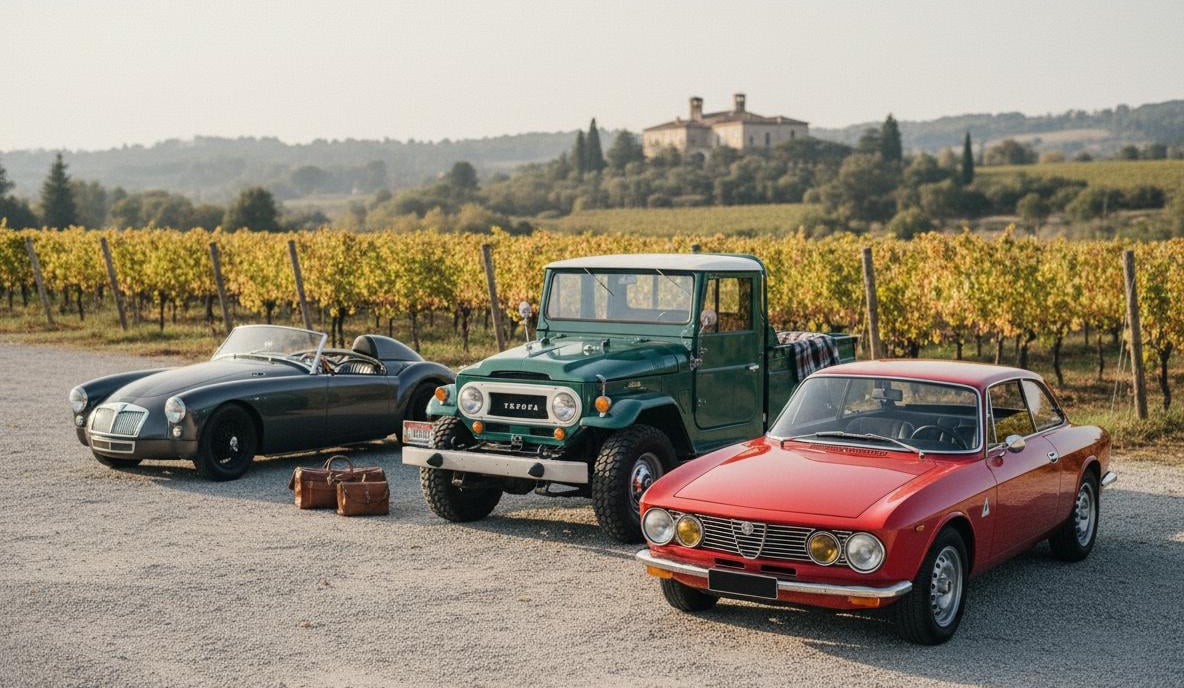 Image of three vintage vehicles parked side-by-side