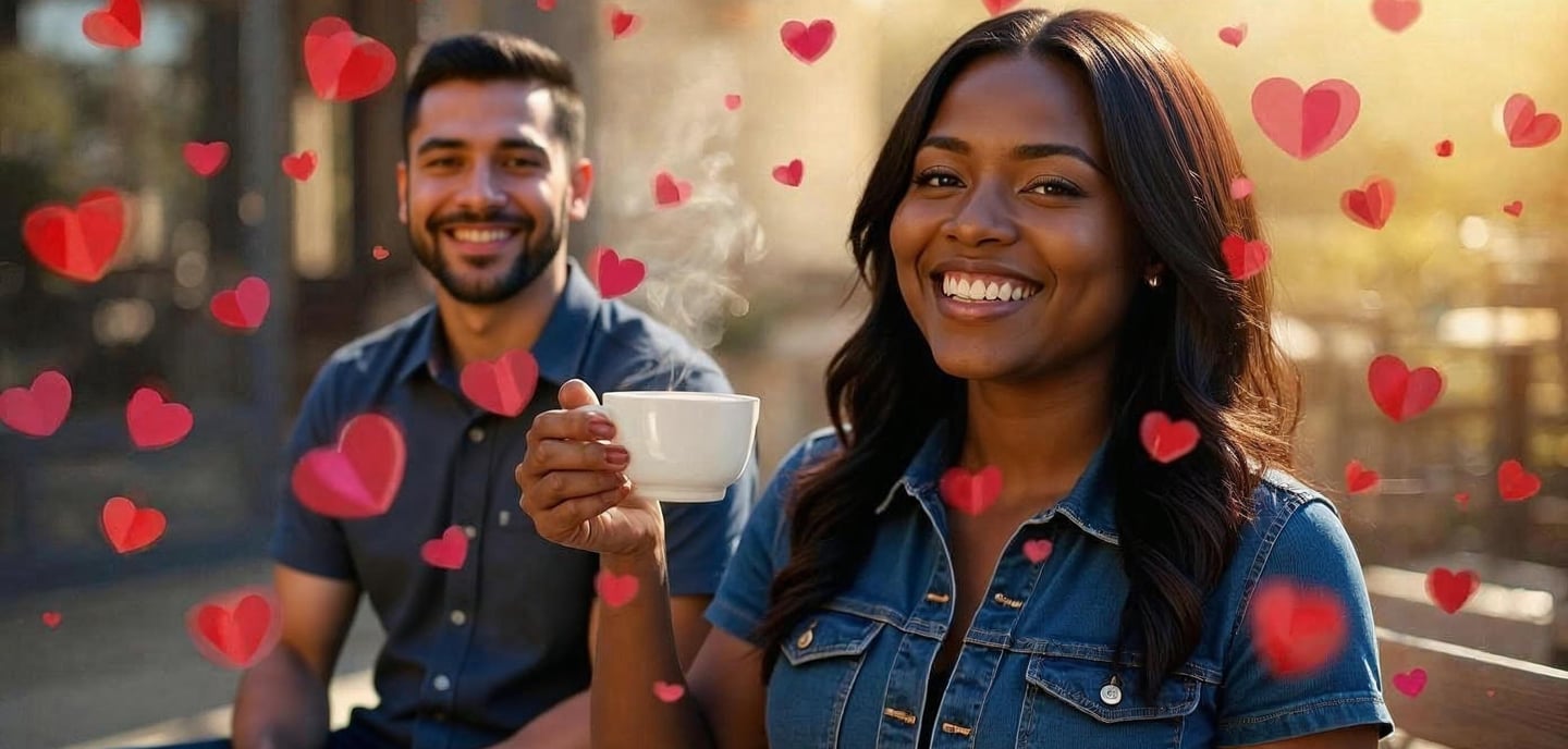 Smiling young couple on a romantic date at an outdoor cafe with floating heart icons.