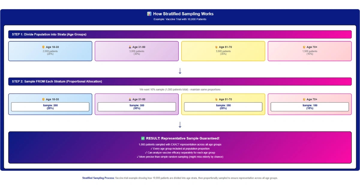 Stratified sampling process showing vaccine trial divided into age strata with proportional samples