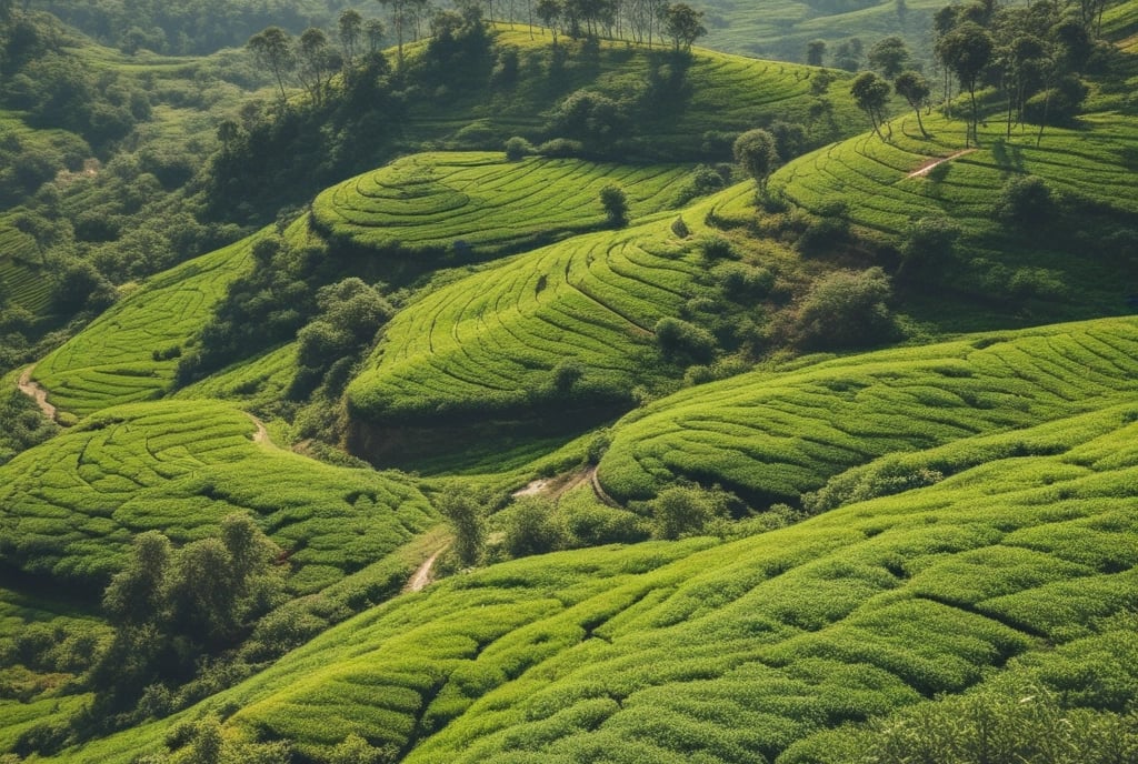 Close-up of fresh green tea leaves glistening with morning dew in a Sri Lankan tea garden.