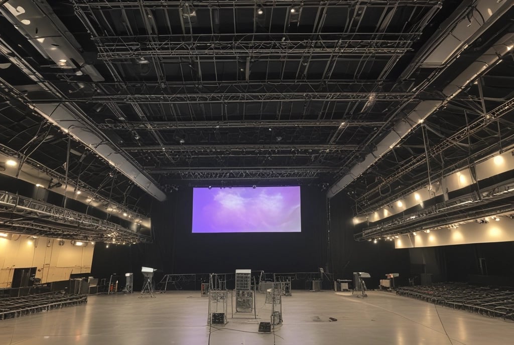 A professional AV setup showcasing LED screens and lighting at an event.