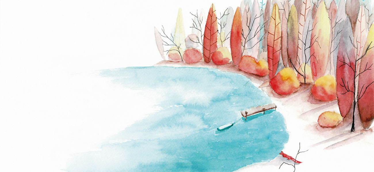 a watercolour representing a winter lake