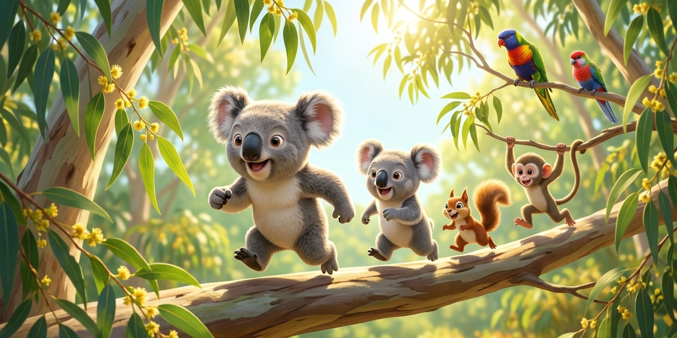 Cartoon koalas running on a eucalyptus branch with a squirrel, monkey, and parrots.