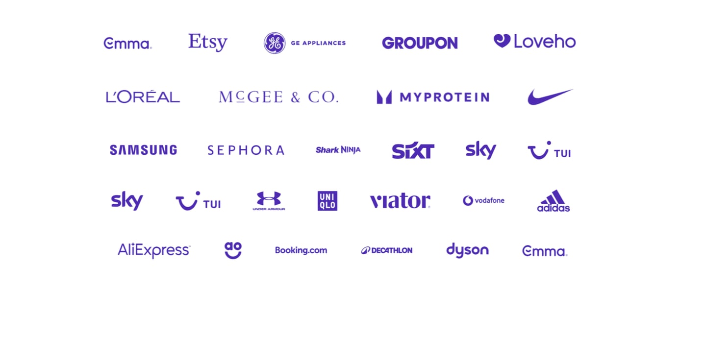 A collection of purple brand logos including Samsung, Nike, Etsy, L'Oreal, and Sephora on a white background.