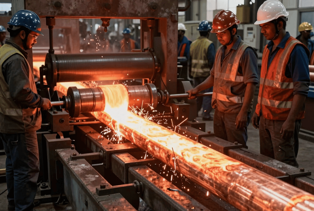 A vibrant recycling facility with workers sorting electronic waste and copper scrap under bright natural light.
