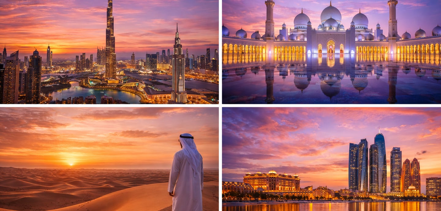 This image shows a stunning collage of the UAE featuring the Burj Khalifa skyline, Sheikh Zayed Gran
