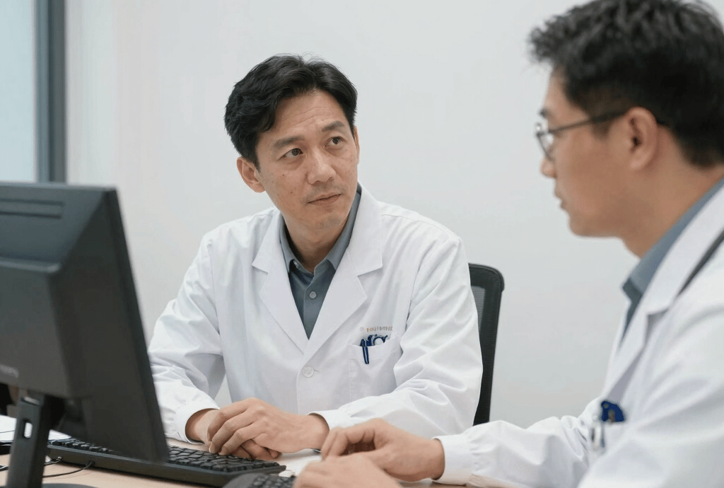 A calm, modern office scene showing healthcare professionals collaborating over paperwork and laptops.
