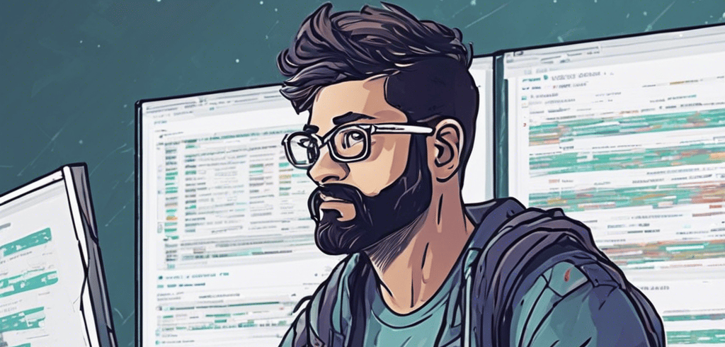 a man sitting in front of two computer monitors