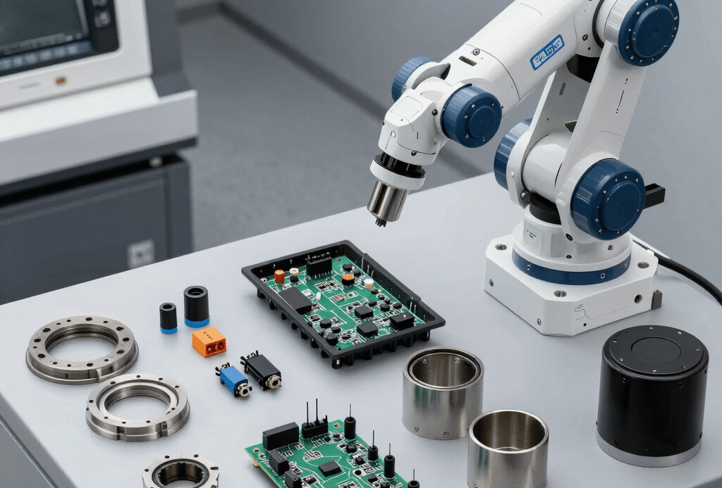 A busy warehouse with shelves stocked full of electronic components and industrial supplies, with a teknara delivery truck visible outside.