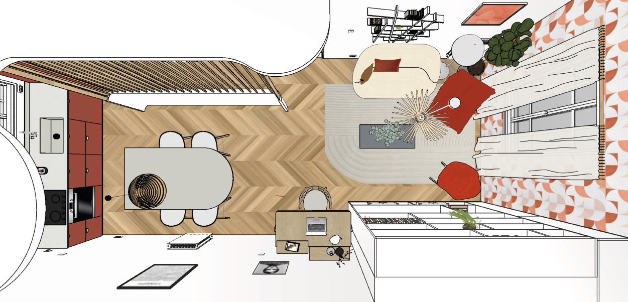 a 3D view of a living room with a couch and a table