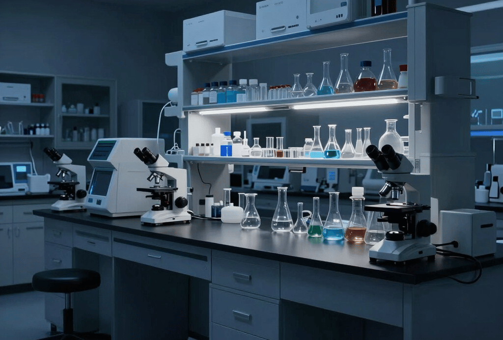 A sleek laboratory bench with vials of research peptides under soft blue lighting.