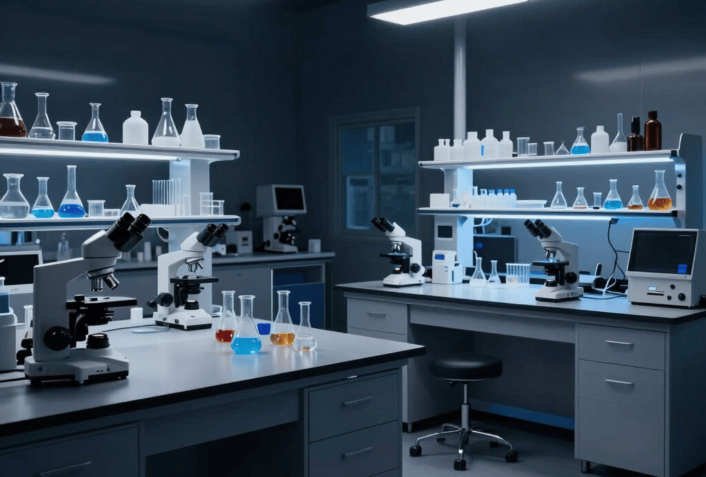 A sleek laboratory bench with vials of research peptides under soft blue lighting.