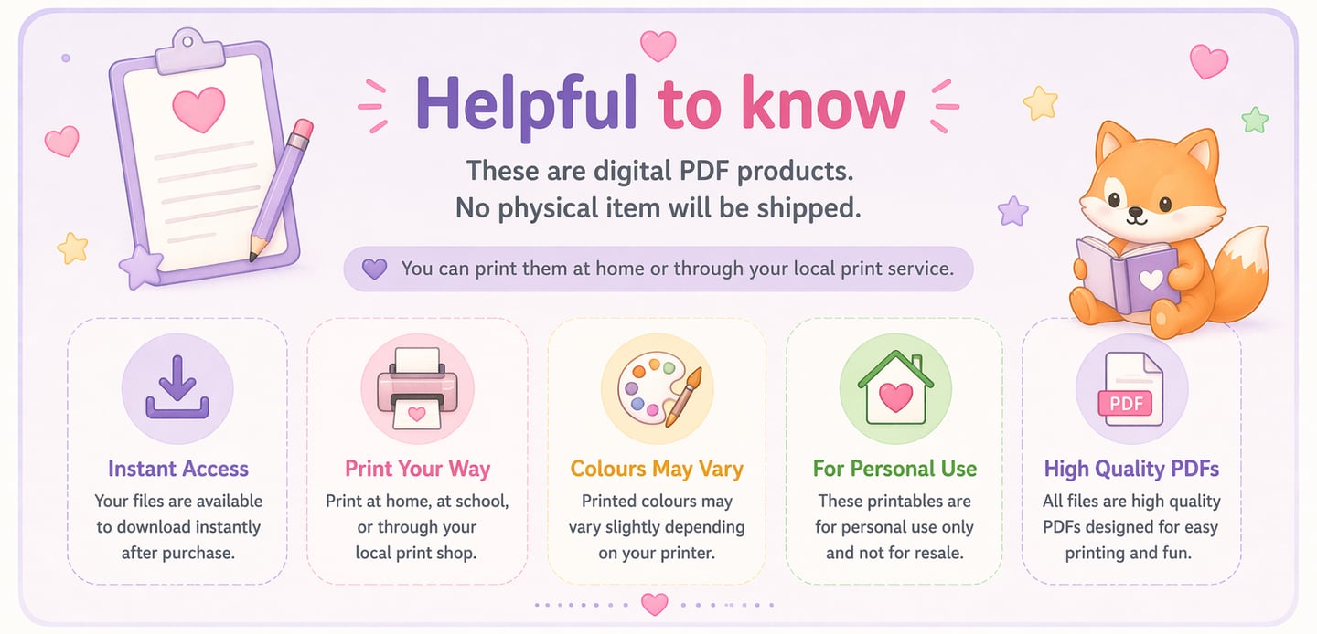 Information graphic for digital PDF products featuring a cute fox, icons for instant download, and printing tips.