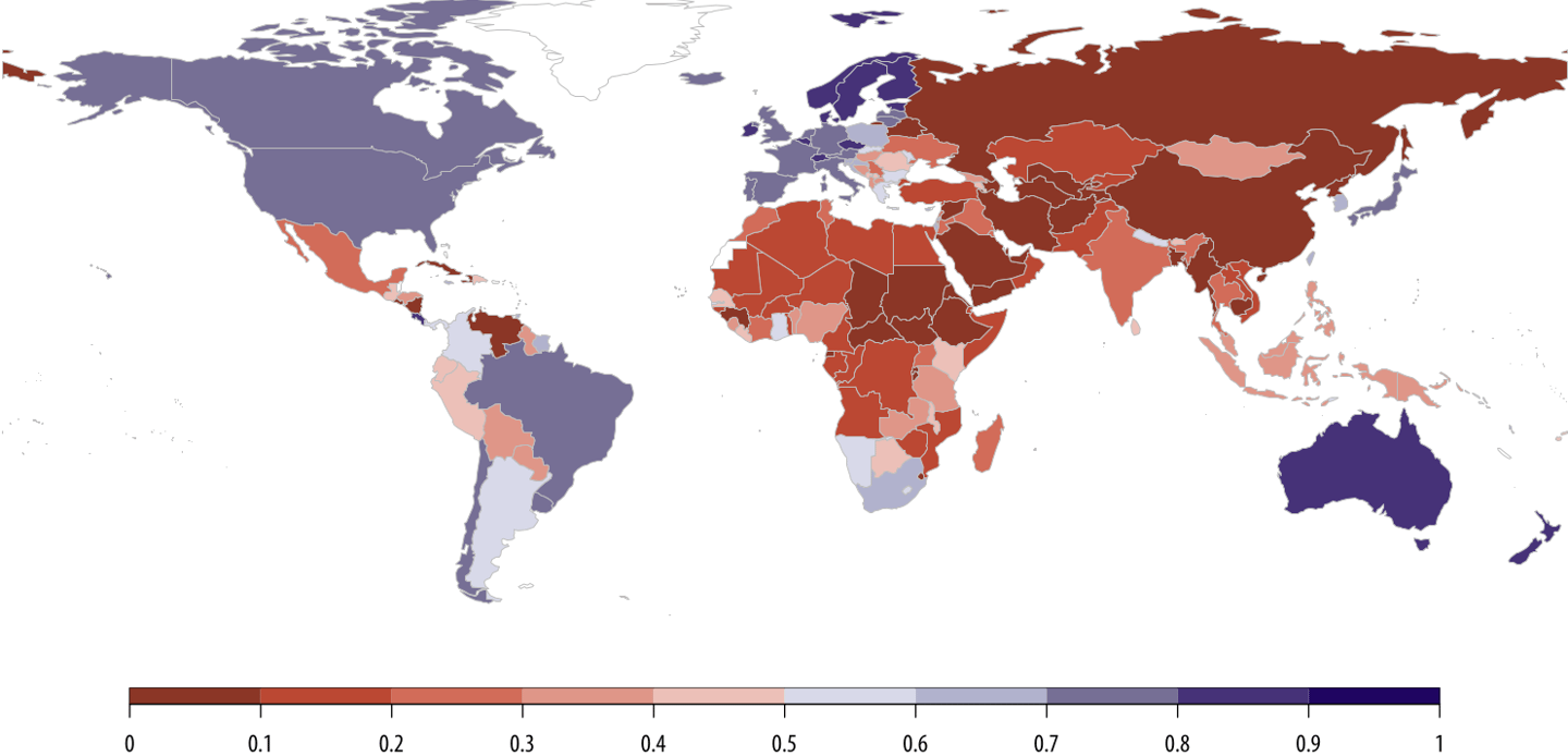 Pasaulio žemėlapis raudonuoja su keliais mėlynais lopinėliais Europoje ir kitur.