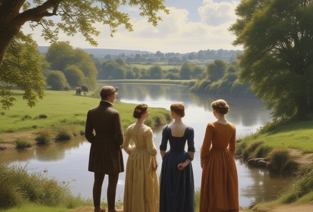 Three Regency people at the edge of a river