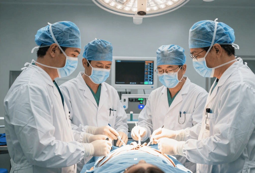 A professional healthcare team collaborating over digital tablets in a bright hospital setting.
