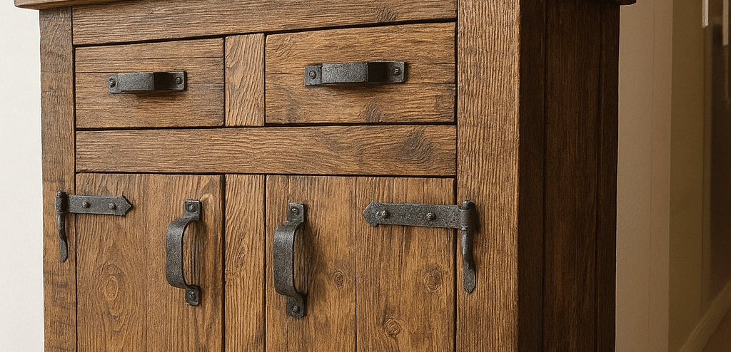 Mebel w stylu rustykalnym, ciężki , solidny z mocnymi okuciami stalowymi. Widać każdy szczegół usłojenia, sęki i pęknięcia 