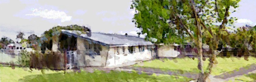 a painting of a house with a tree in the foreground
