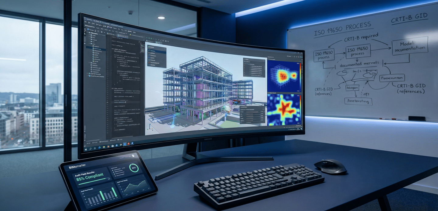 Espace BIM expert : écran IFC, code Python et app Audit Flash. Ambiance tech & cartésienne