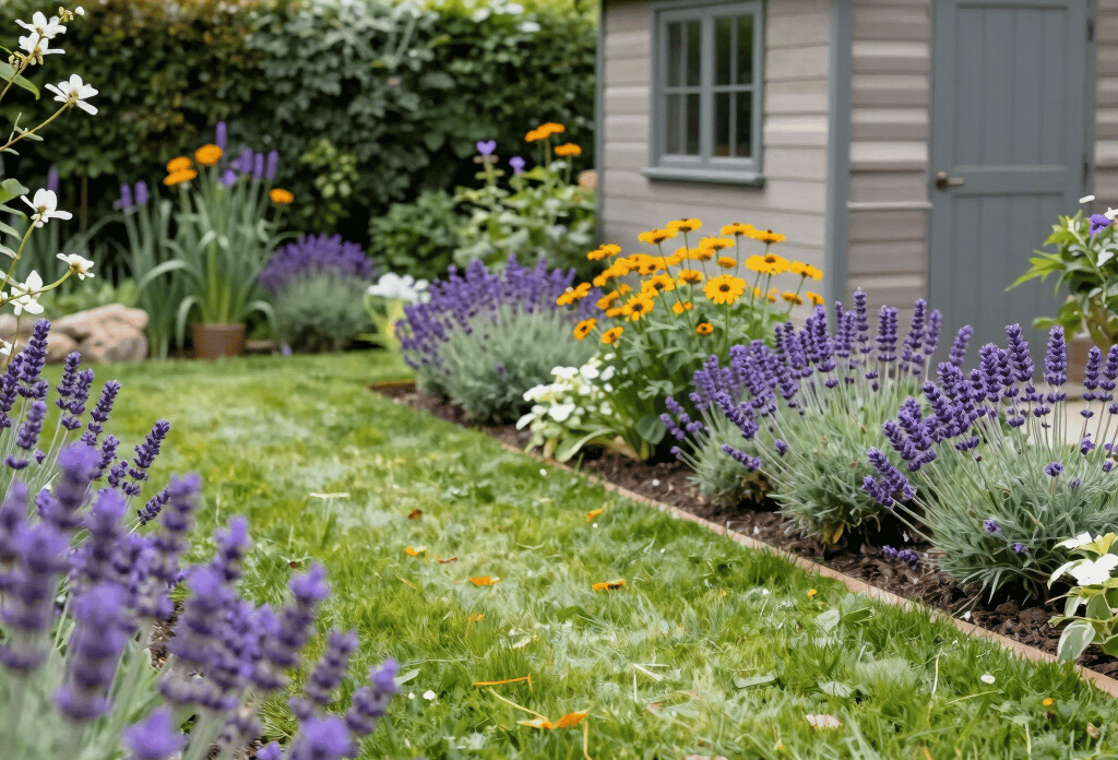 A lush, colorful garden in full bloom with neatly edged lawns and a variety of plants under a bright sky.