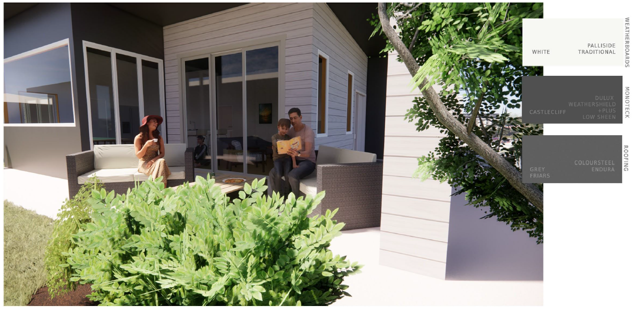 a couple of people sitting on a porch of a architect designed house