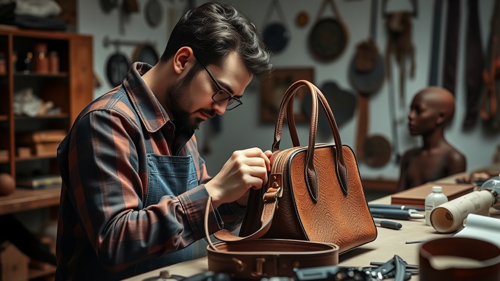 a man in a leather handbag working on a bag