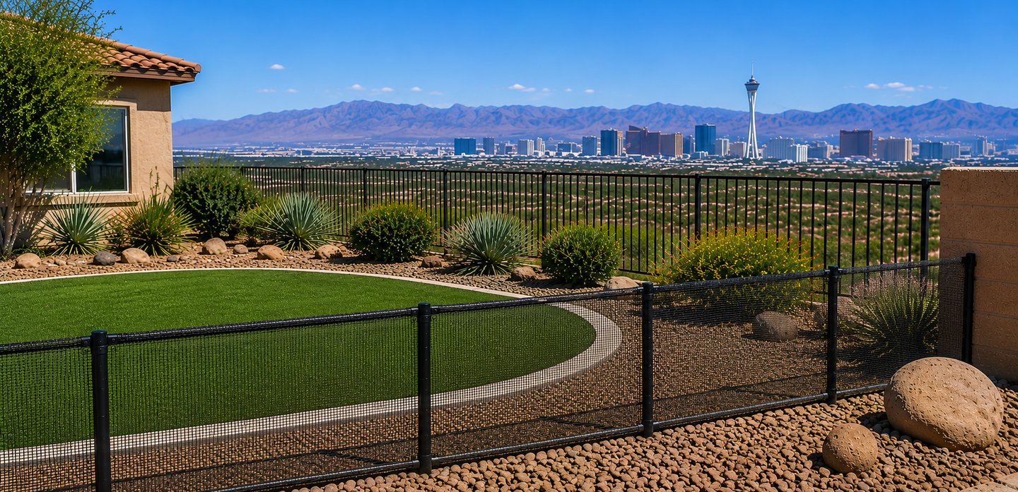 Professional snake fencing protecting a Las Vegas backyard with desert landscaping and mountain views